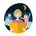 Mother reading fairytale book to her children in the evening. Bedtime. Vector illustration Royalty Free Stock Photo