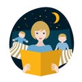 Mother reading fairytale book to her sons in the evening. Bedtime. Vector illustration