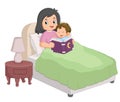 a mother is reading a story book to her son as a bedtime bed Royalty Free Stock Photo