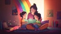 A mother reads a bedtime story to her children