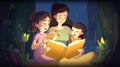 A mother reads a bedtime story to her children