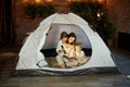 Mother reads a book of fairy tales for her children while sitting in a tent at night. Mom son and daughter reading a book Royalty Free Stock Photo