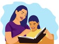 Mother reads a book to her boy child. Mom and son reading or studying together.