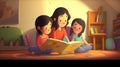 A mother reads a story to her children