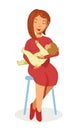 Mother in red dress sits on stool and holds baby