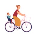 Mother riding bike with baby in seat. Cute smiling young woman on bicycle with her child. Pedaling female bicyclist