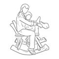 Mother riding wooden rocking horse with her son or daughter vector illustration sketch doodle hand drawn with black lines isolated