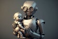 A mother robot carrying a baby robot in hand