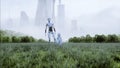 Mother robot with her baby robot in the meadow on the background of a futuristic city. Family of the future. Robofamily Royalty Free Stock Photo