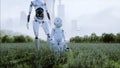 Mother robot with her baby robot in the meadow on the background of a futuristic city. Family of the future. Robofamily