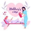 Mother`s Care, Vector Illustration Birth Baby Girl