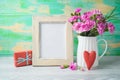 Mother`s day background with photo frame, flowers, heart shape and gift box Royalty Free Stock Photo