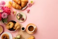 Mother\'s Day Brunch: A top view photo of a delicious brunch spread including pastries