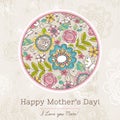 Mother's Day card with big round of spring flowers, vector