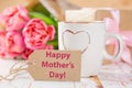 Mother`s day card with coffee, present