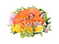 Mother`s day card. Sleeping foxes - mother and child. Watercolor for mom with hugging animals in flowers. Royalty Free Stock Photo
