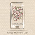 Mother's Day card with smart phone and roses, vector