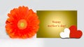 Mother`s day card with text on yellow letter, colorful Gerbera daisy, hearts