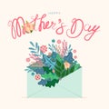 Mother`s Day card. Vector banner with a written envelope with flowers