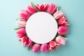 Top view photo of white circle surrounded by pink tulip buds on isolated pastel blue background with blank space Royalty Free Stock Photo