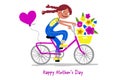 Mother`s Day - Cute girl on a bike gives her mothers flowers - Card horizontal -