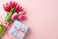 Top view photo of blue giftbox with ribbon bow and bouquet of pink tulips on pastel pink background with copyspace Royalty Free Stock Photo