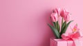 Mother's Day decorations concept. Top view photo of trendy gift boxes with ribbon bows and tulips on isolated pastel Royalty Free Stock Photo