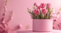 Mother's Day decorations concept. Top view photo of trendy gift boxes with ribbon bows and tulips on isolated pastel Royalty Free Stock Photo