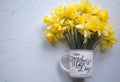 Mother `s day, flowers for mother, narcissists in the mug, inscription on mother `s mug day, mother `s day for all bright holiday,