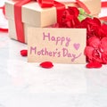 Mother`s Day gift background, red carnation flower bouquet with wrapped kraft gift tied with ribbon isolated on marble white Royalty Free Stock Photo