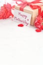 Mother`s Day gift background, red carnation flower bouquet with wrapped kraft gift tied with ribbon isolated on marble white Royalty Free Stock Photo