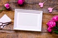 Mother`s day gift with peony flowers and frame top view mockup Royalty Free Stock Photo