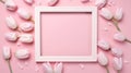 Mother\'s Day Gift Photo Frame Mockup Flat Lay Composition with Pink Tulips, Hearts, and Sprinkles on Pastel Pink Background