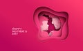 Mother`s day greeting banner, abstract cuted shape on red backdrop. Woman & baby silhouettes, congratulation text. Pink design