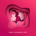 Mother`s day greeting card, abstract cuted shape on red backdrop. Woman and baby silhouettes, congratulation text. Pink design