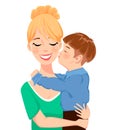 Mother`s day greeting card. Child hugging and kissing his beautiful mom