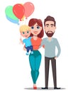 Mother`s day greeting card. Family concept. Handsome father and beautiful mom holding son
