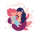 Mother`s Day Greeting Card. Happy mom hugs her baby, cute poster. A woman holds a girl in her arms. Flat vector