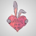 Mother`s Day greeting card. Rabbit holding heart. Mom you are the best. I love you mom