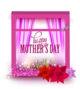 Mother`s Day greeting card with window, curtains and flowers. Royalty Free Stock Photo