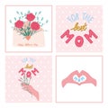 Mother`s Day greeting cards set. Colourful bouquet of spring flowers in cute envelope.