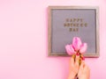 Mother`s day greetings on letter board and tulips Royalty Free Stock Photo