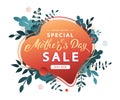 Mother`s Day modern sale banner template. Abstract geometric background with leaves and branches
