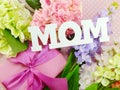 Mother's day mom word copy with gift and fllower Royalty Free Stock Photo