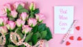 Mother`s Day overhead with roses, Best Mom Ever card and gift on pink table. Royalty Free Stock Photo