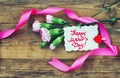 Mother`s Day postcard, pink carnations and note