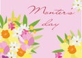 Mother's Day postcard template. Bouquet with delicate spring flowers. Tulips, daisies and lush greenery. World