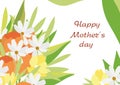 Mother's Day postcard template. Bouquet with delicate spring flowers. Tulips, daisies and lush greenery. World