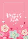 Mother`s day poster design with hand drawn lettering. Beautiful flowers and paper hearts on pink background. Floral greeting card Royalty Free Stock Photo