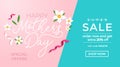 Mother`s day promotion banner design template. Mother`s day sale concept with ribbons and flowers. Vector illustration